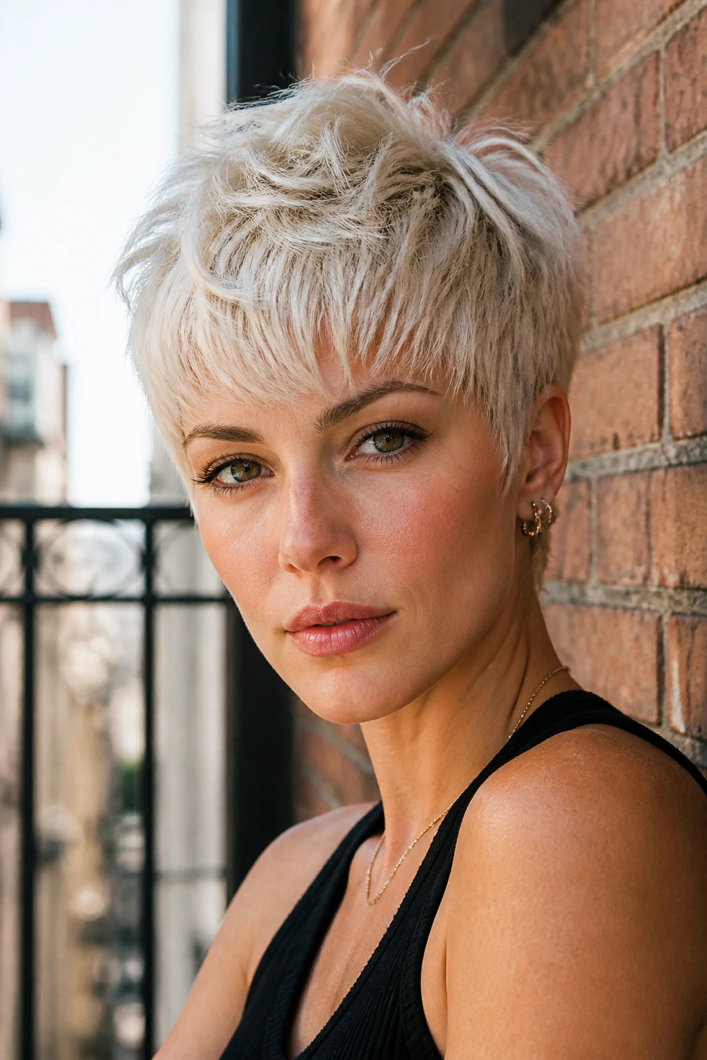 Close-up portrait of a real woman with platinum pixie shag