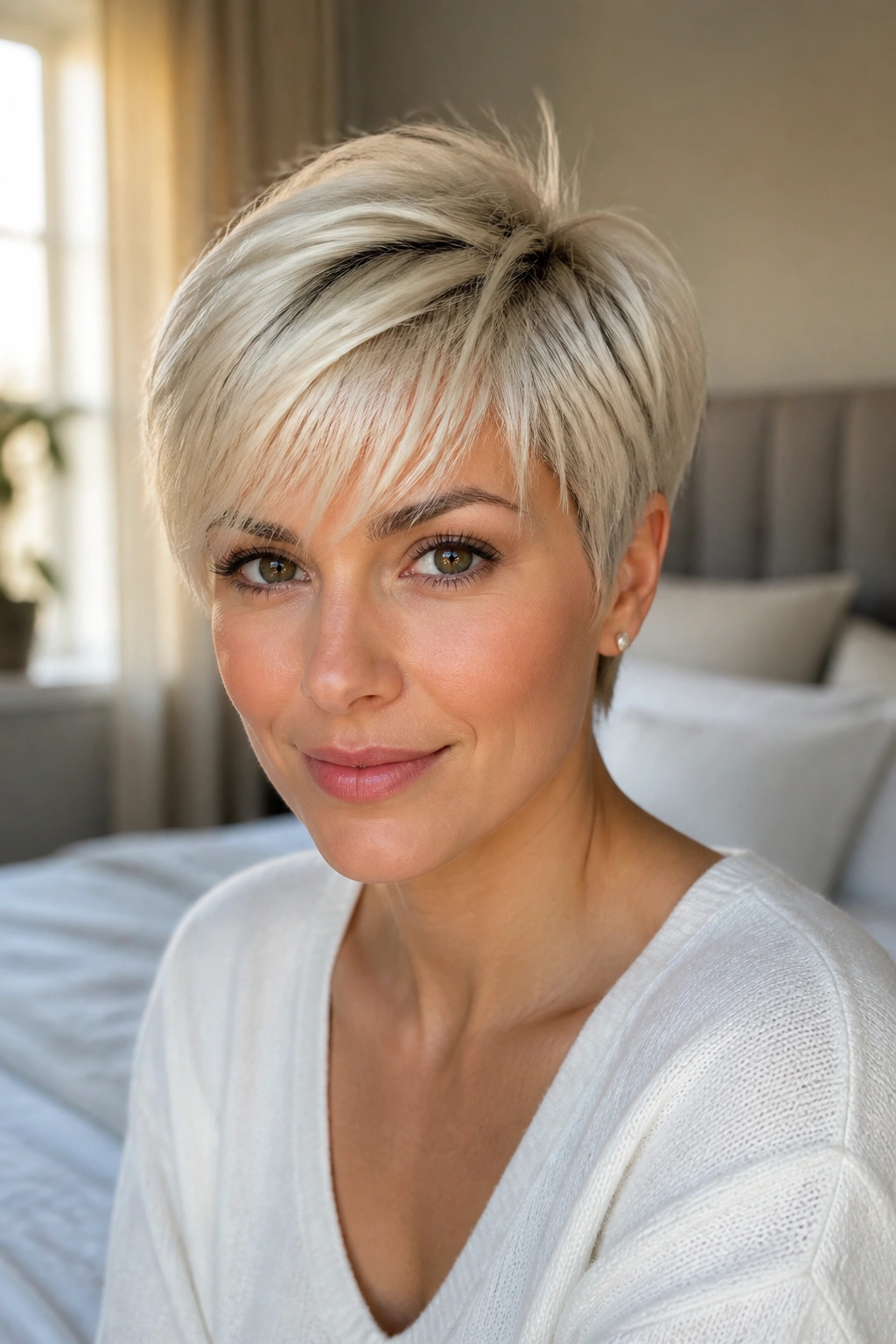 Close-up portrait of a real woman with a platinum pixie and soft fringe in sunlit room