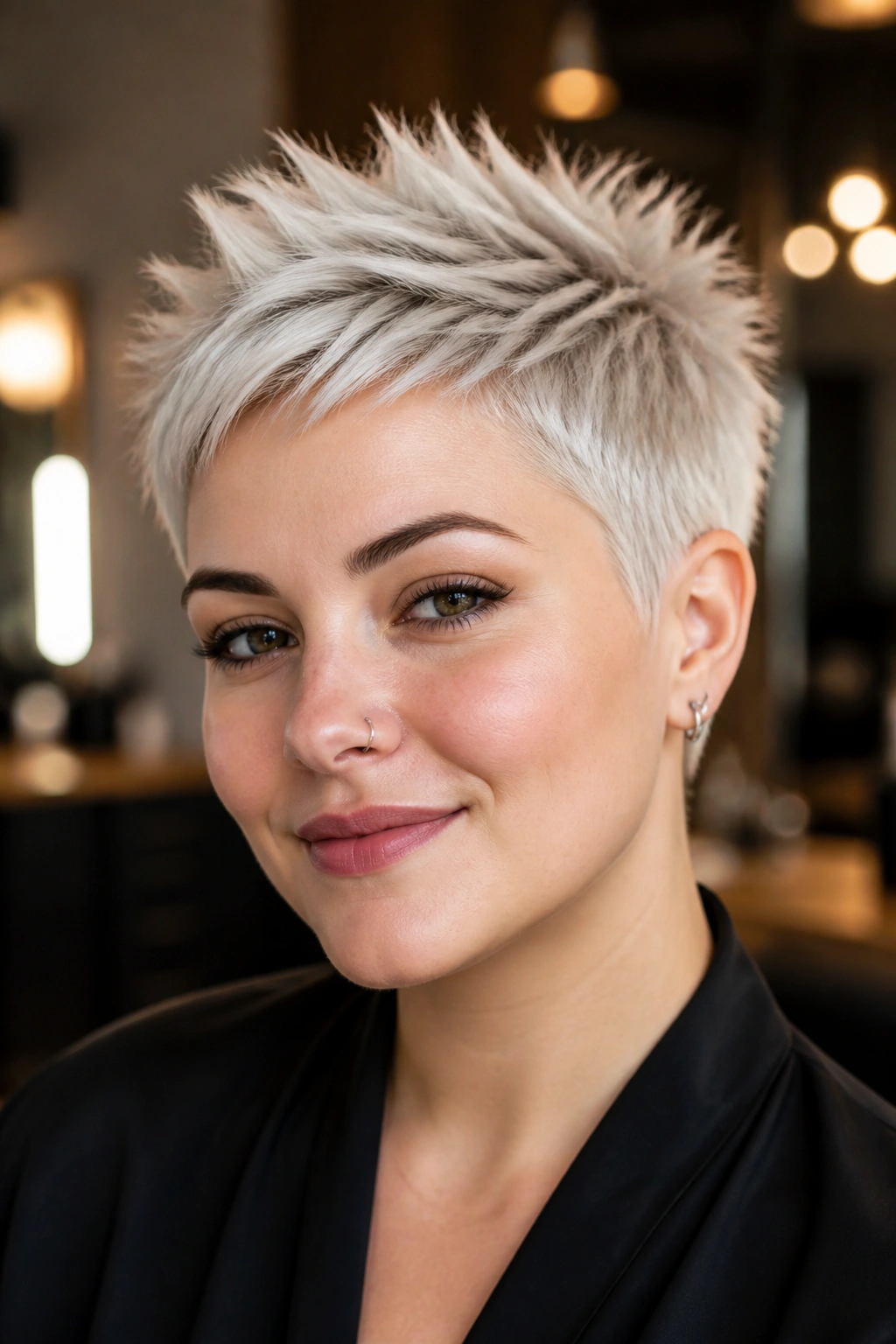 Close-up portrait of a real person with platinum spiky pixie haircut on a round face.
