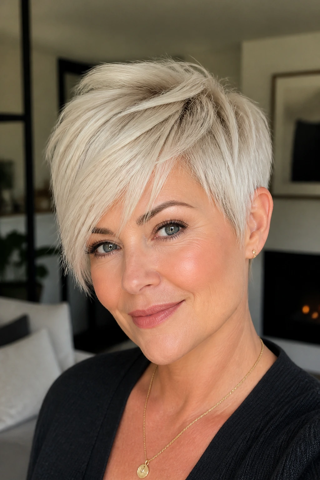 Close-up portrait of a real woman with long platinum pixie and sweeping fringe