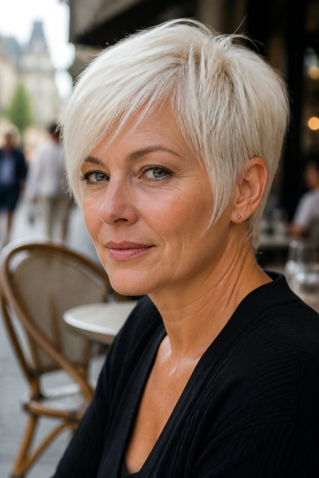 Close-up portrait of a real woman with platinum crop and temple-length sides