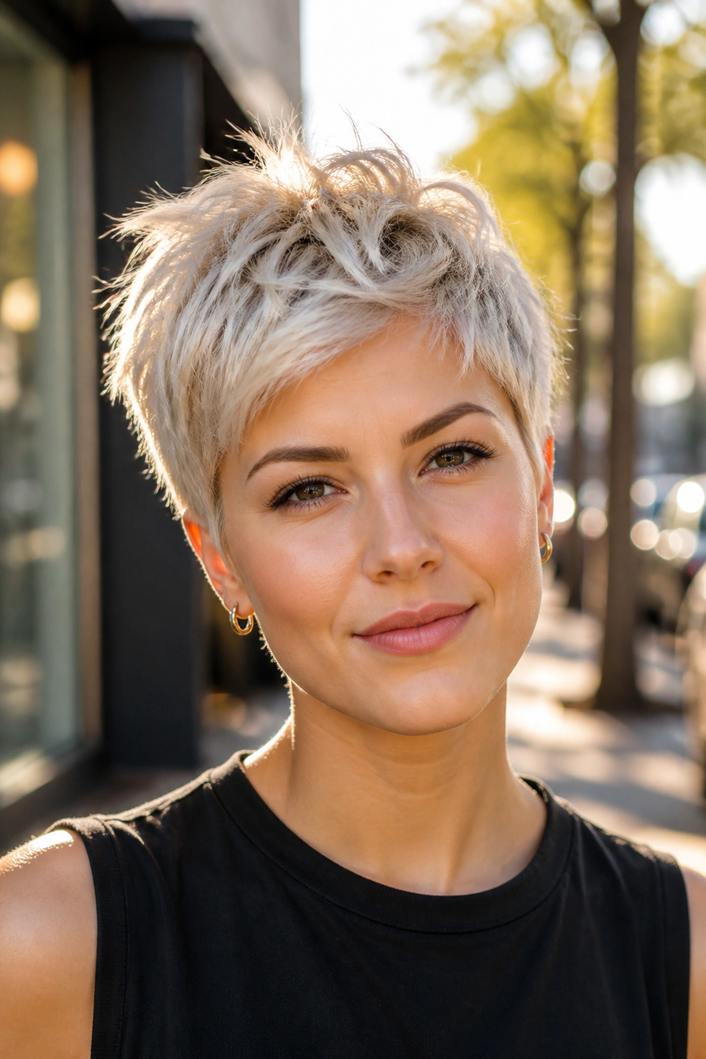 Close-up portrait of a real person with platinum piecey pixie