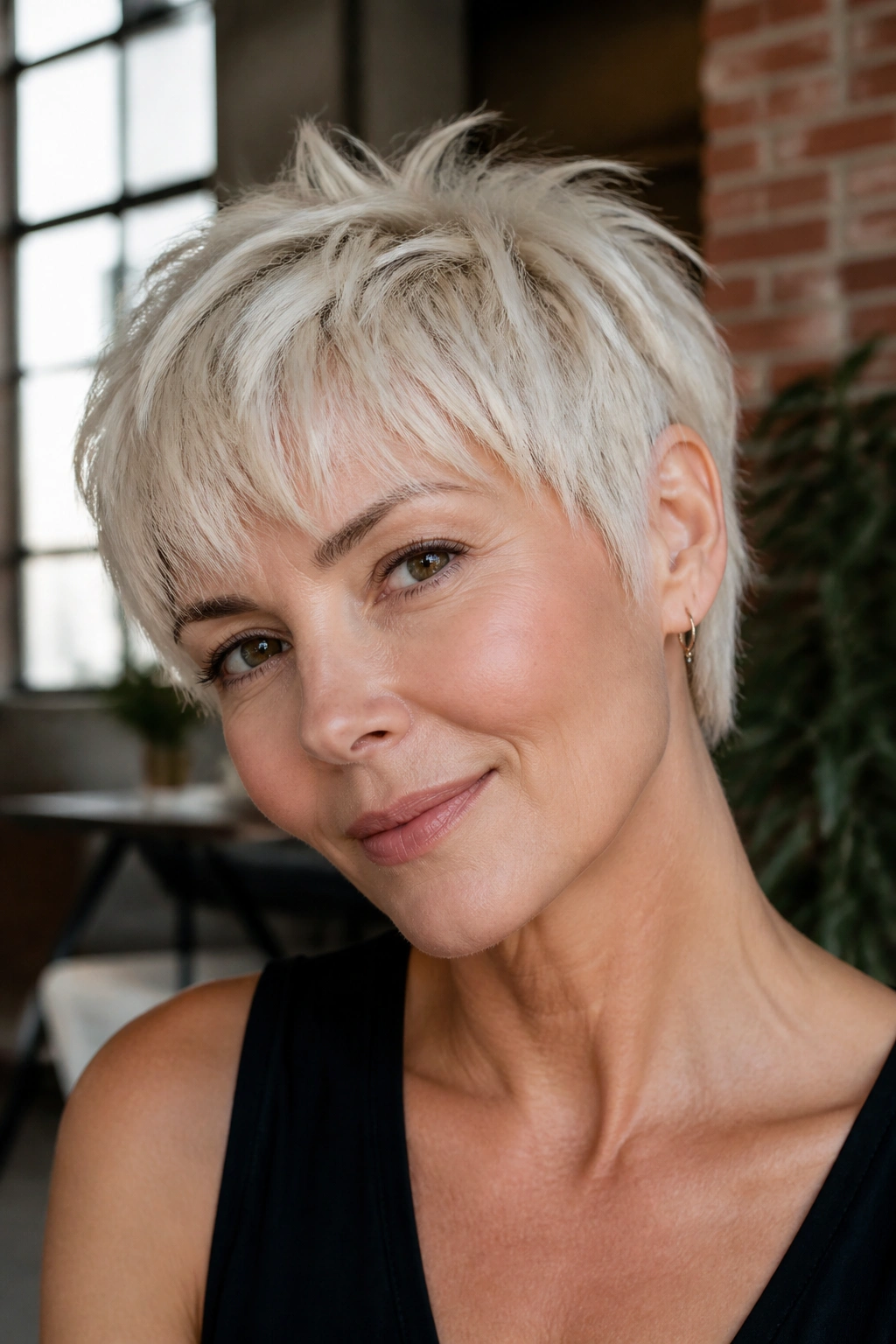 Close-up of a real woman with a textured platinum pixie showing crown pieces and fringe.