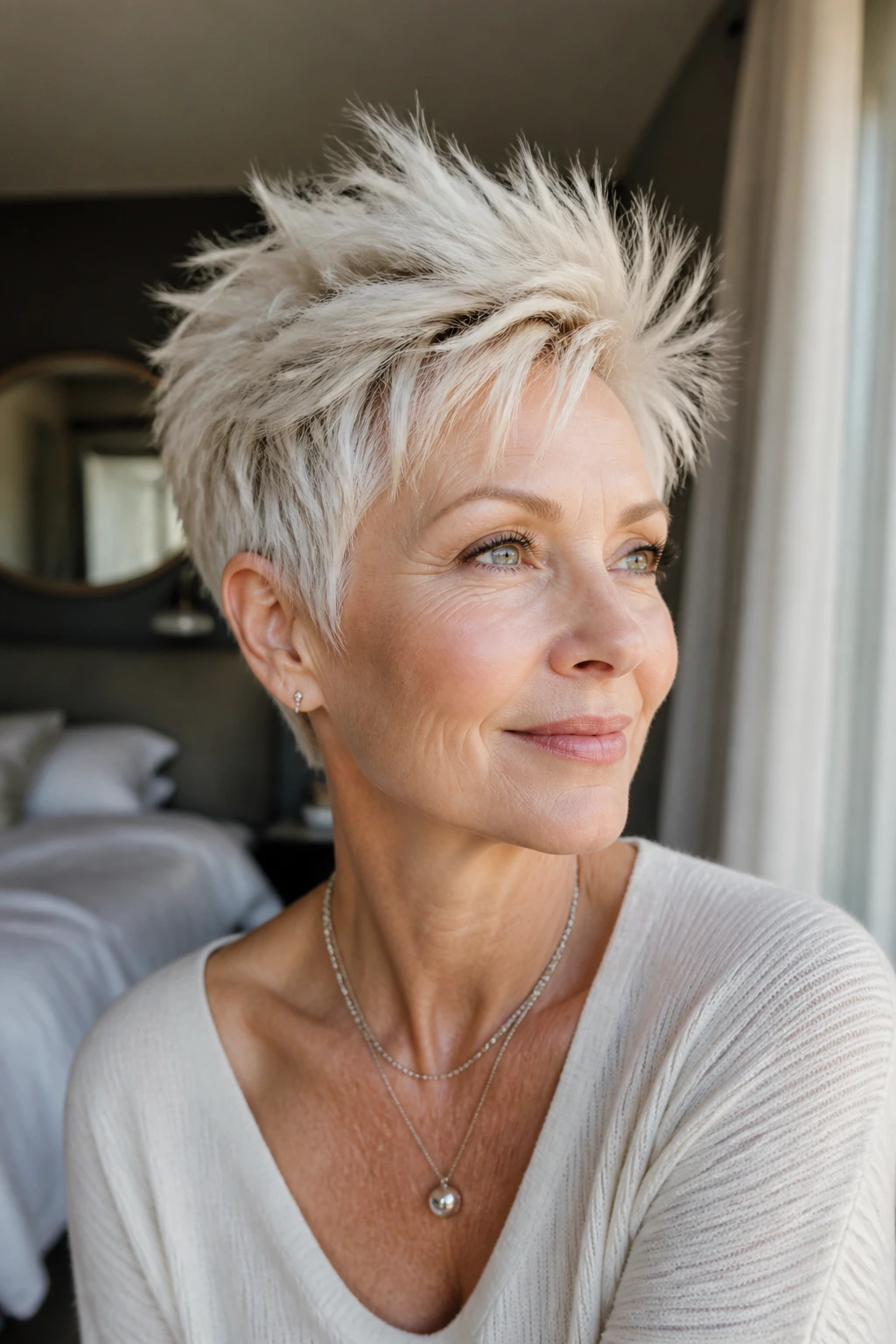 Close-up of a real woman with platinum pixie texture and soft window light highlighting texture