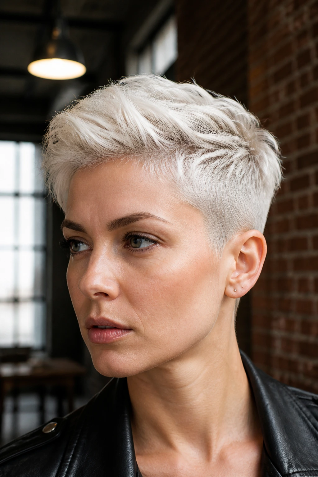 Portrait of platinum undercut pixie with shaved sides and longer top