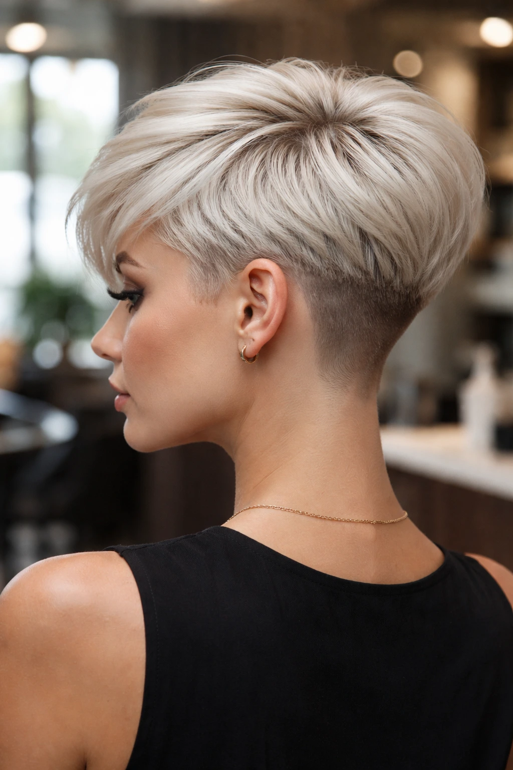 Close-up portrait of platinum pixie with sharp nape undercut on a real person