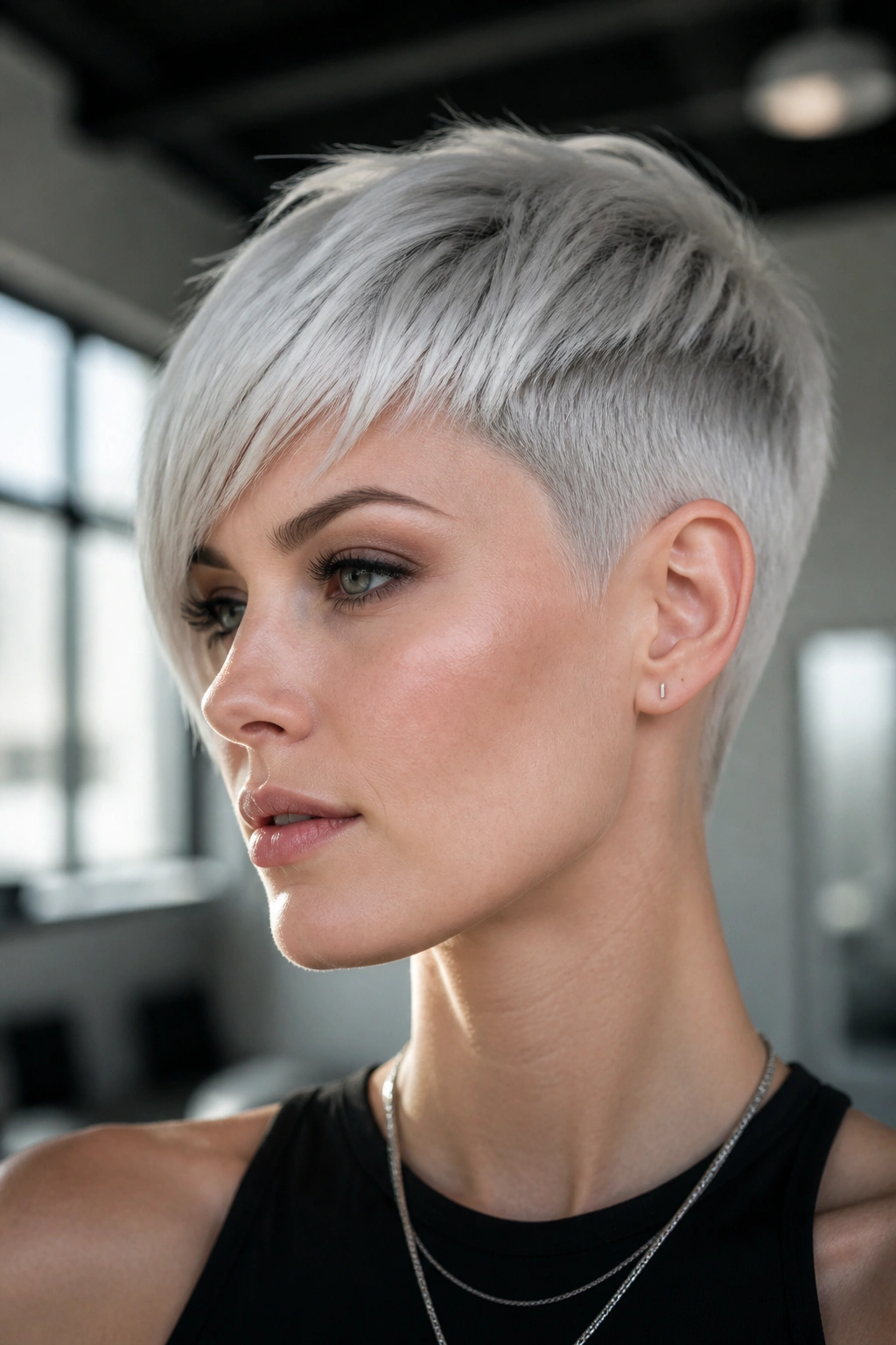 Close-up of a real woman with a platinum crop and sharp uneven line.