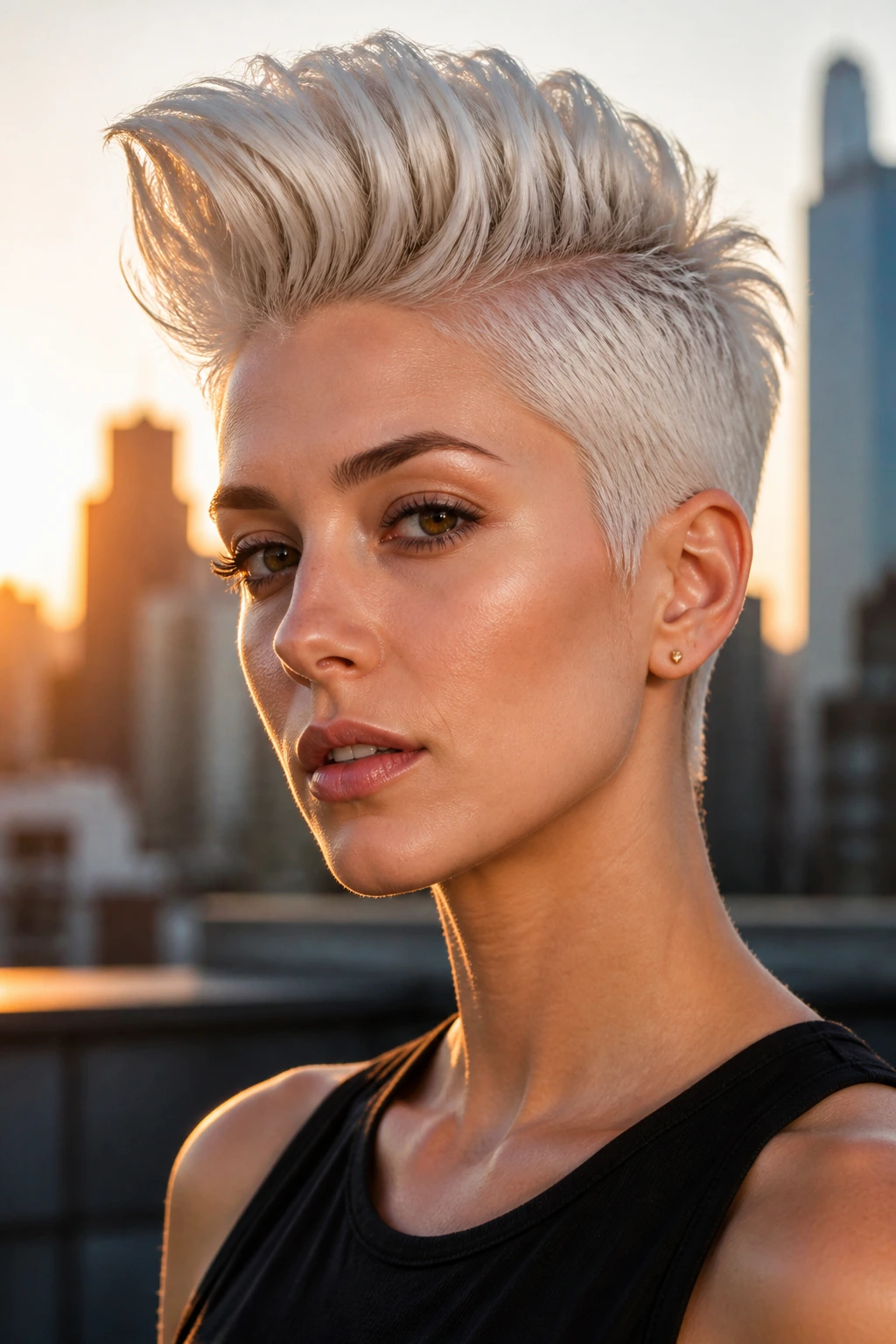 Close-up portrait of a platinum pompadour pixie on a real person.