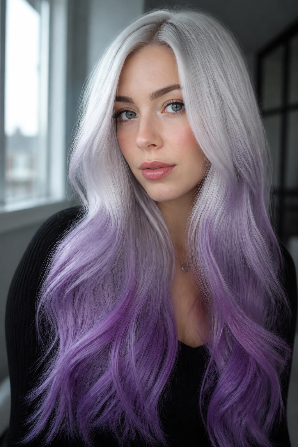 Portrait of woman with platinum to purple ice ombre hair, long and icy.