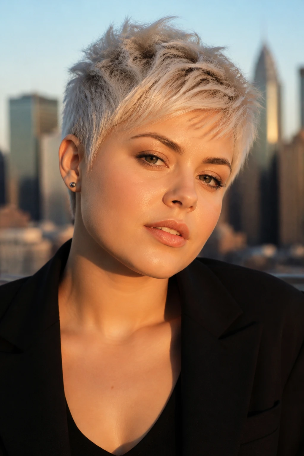 Portrait of a real person with Platinum Razor Pixie haircut on a rooftop at golden hour