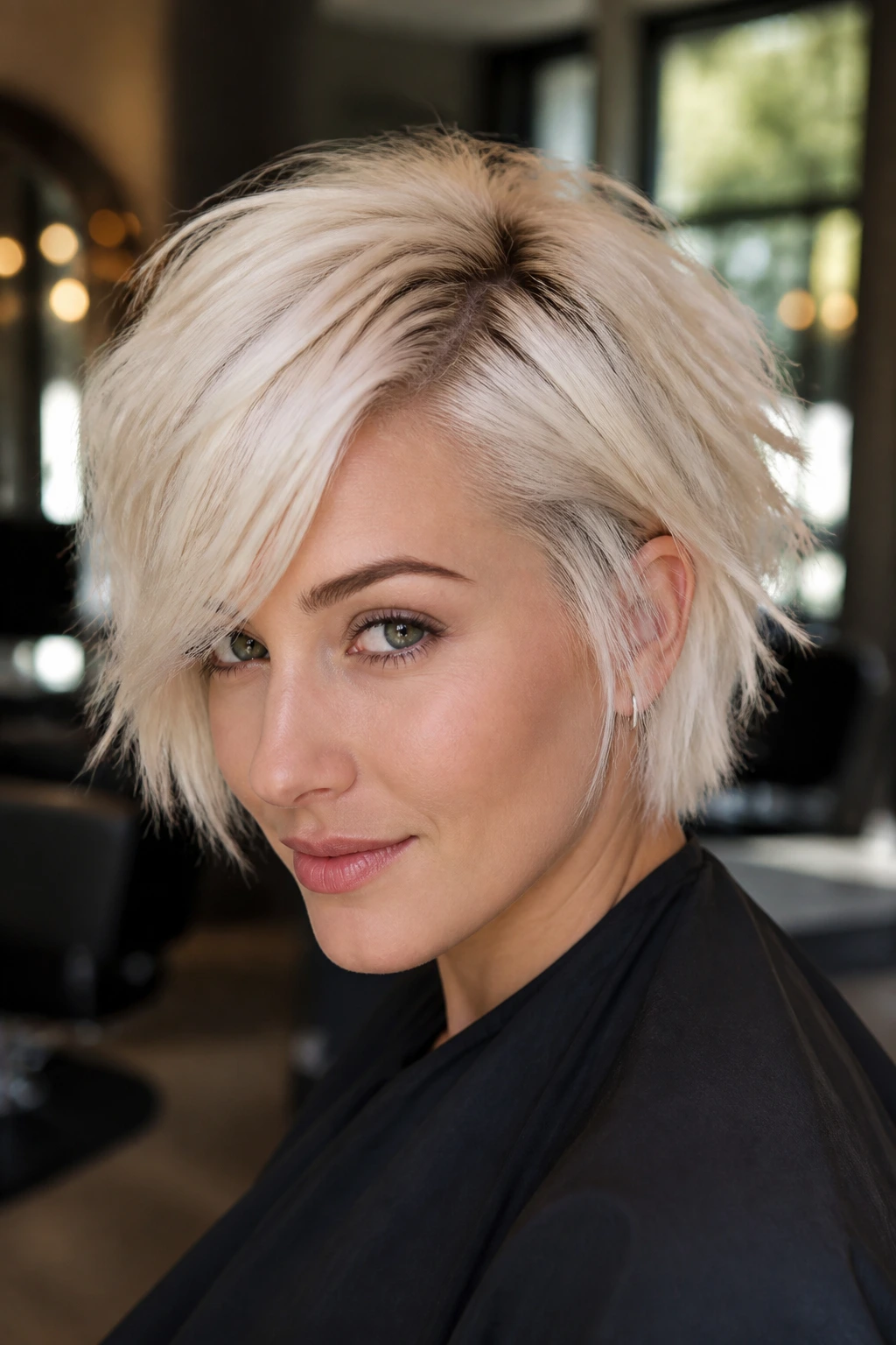 Close-up portrait of real woman with platinum razor shag and deep side part in salon lighting.