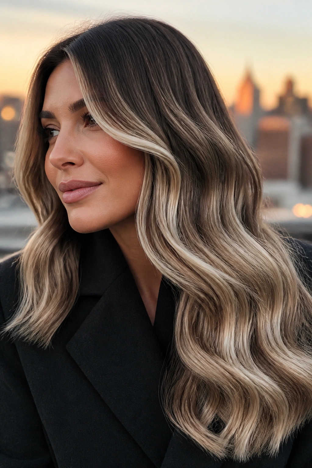 Close-up of a real woman with platinum ribbon balayage on defined S-waves