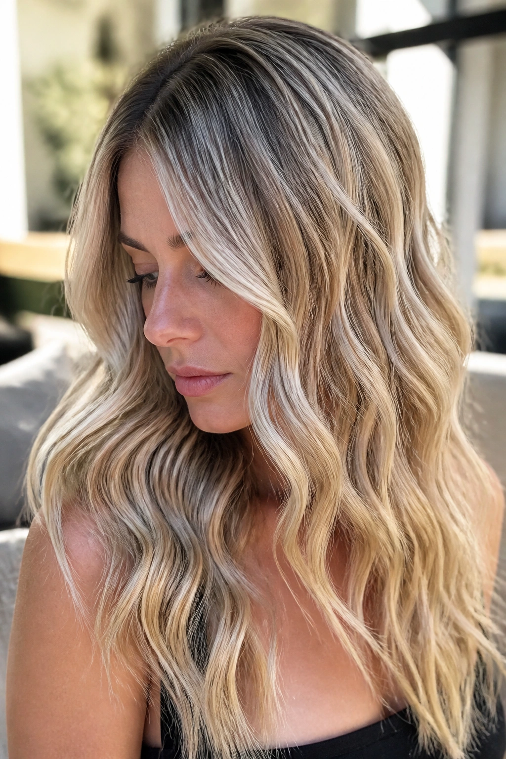 Close-up portrait of a real woman with Platinum Ribbon Highlights in wavy hair.