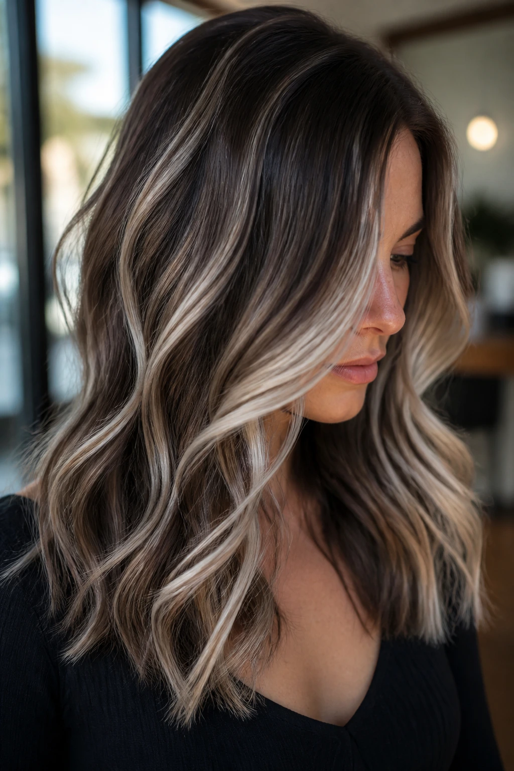 Close-up of a real woman with thin platinum ribbons woven into rich brown wavy hair
