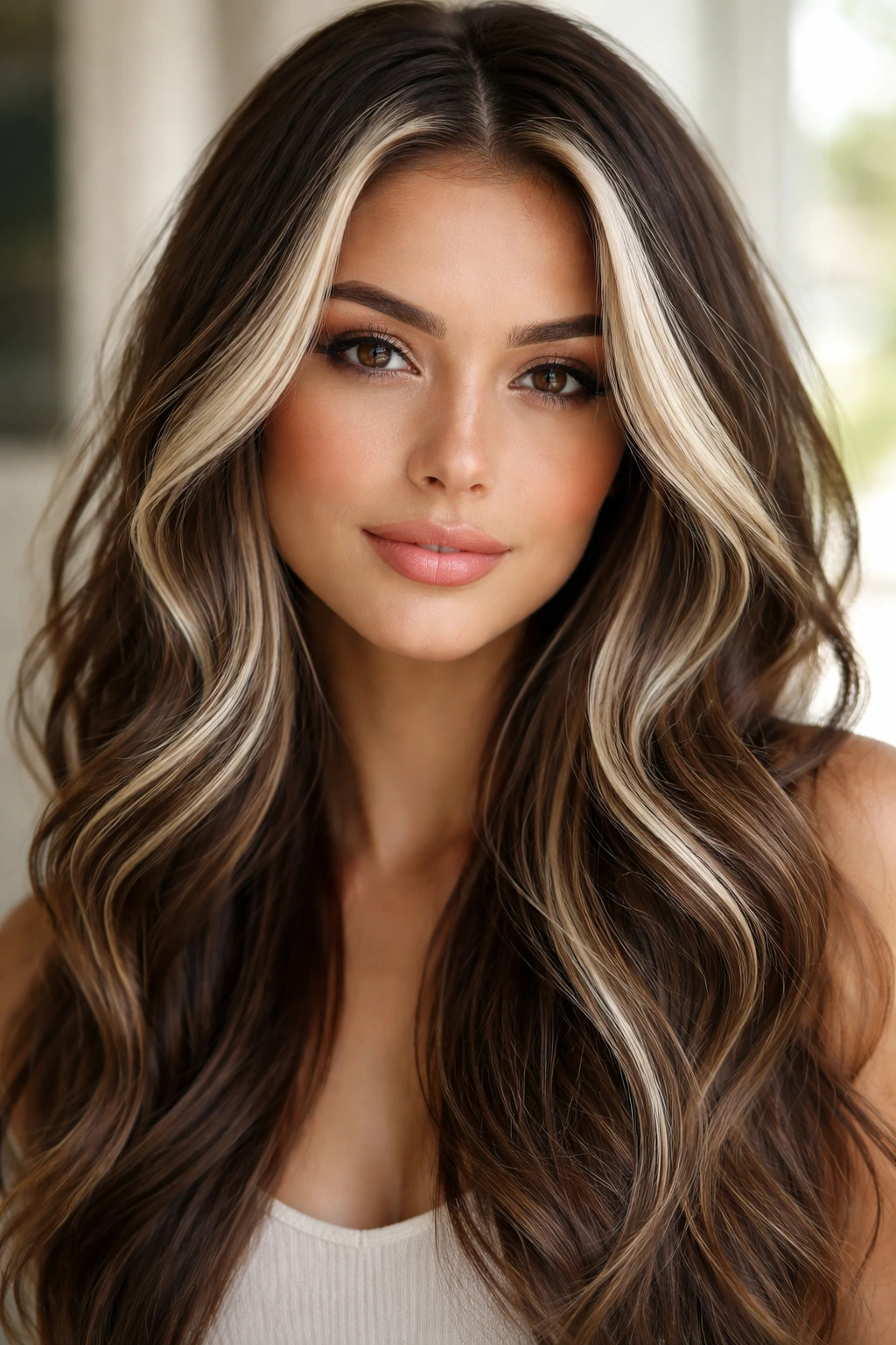 Front hair with multiple platinum ribbons framing the face on a real person