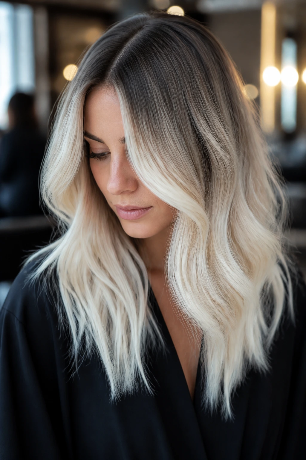 Real-person portrait with platinum ends and deep root shadow balayage