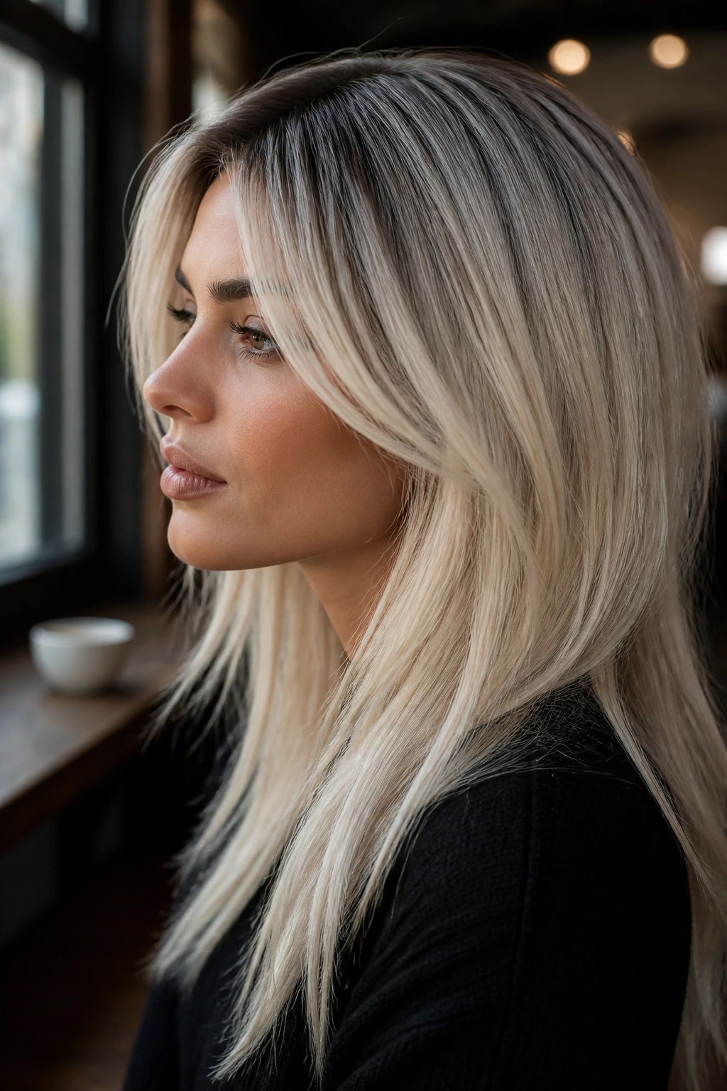 Portrait of a real woman with platinum hair and a dark root stain in a cafe setting.