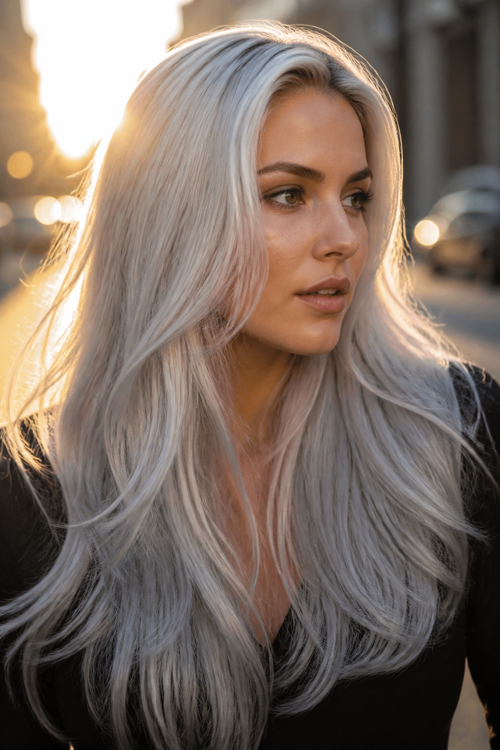 Close-up of a real woman with platinum roots and silver ends on long hair