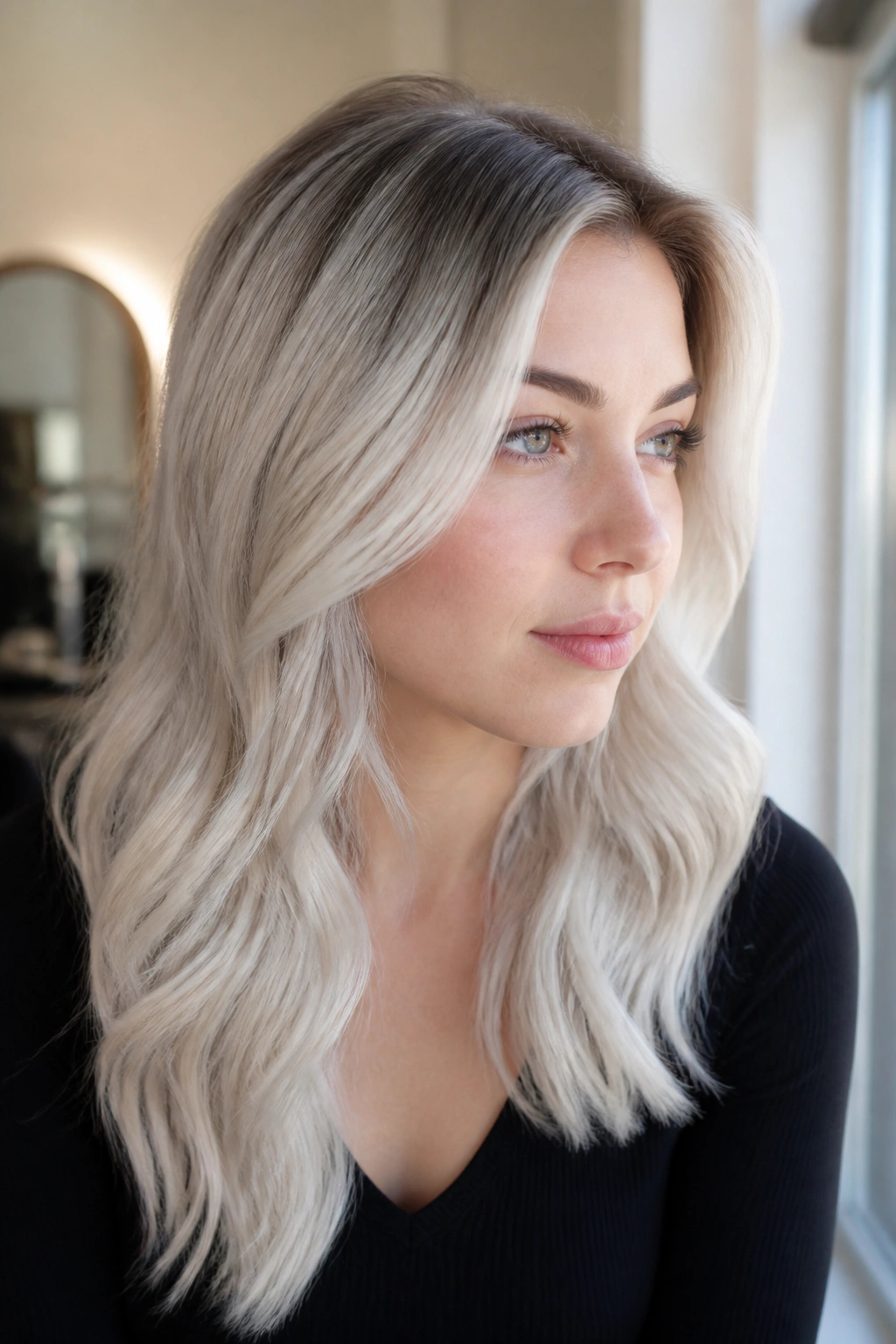 Close-up of a real person with platinum hair and a soft root smudge