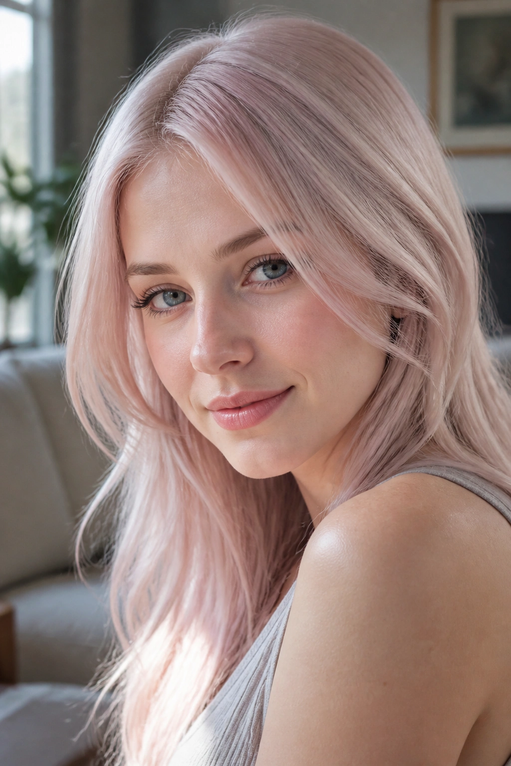 Close-up portrait of a real woman with platinum rose tint hair
