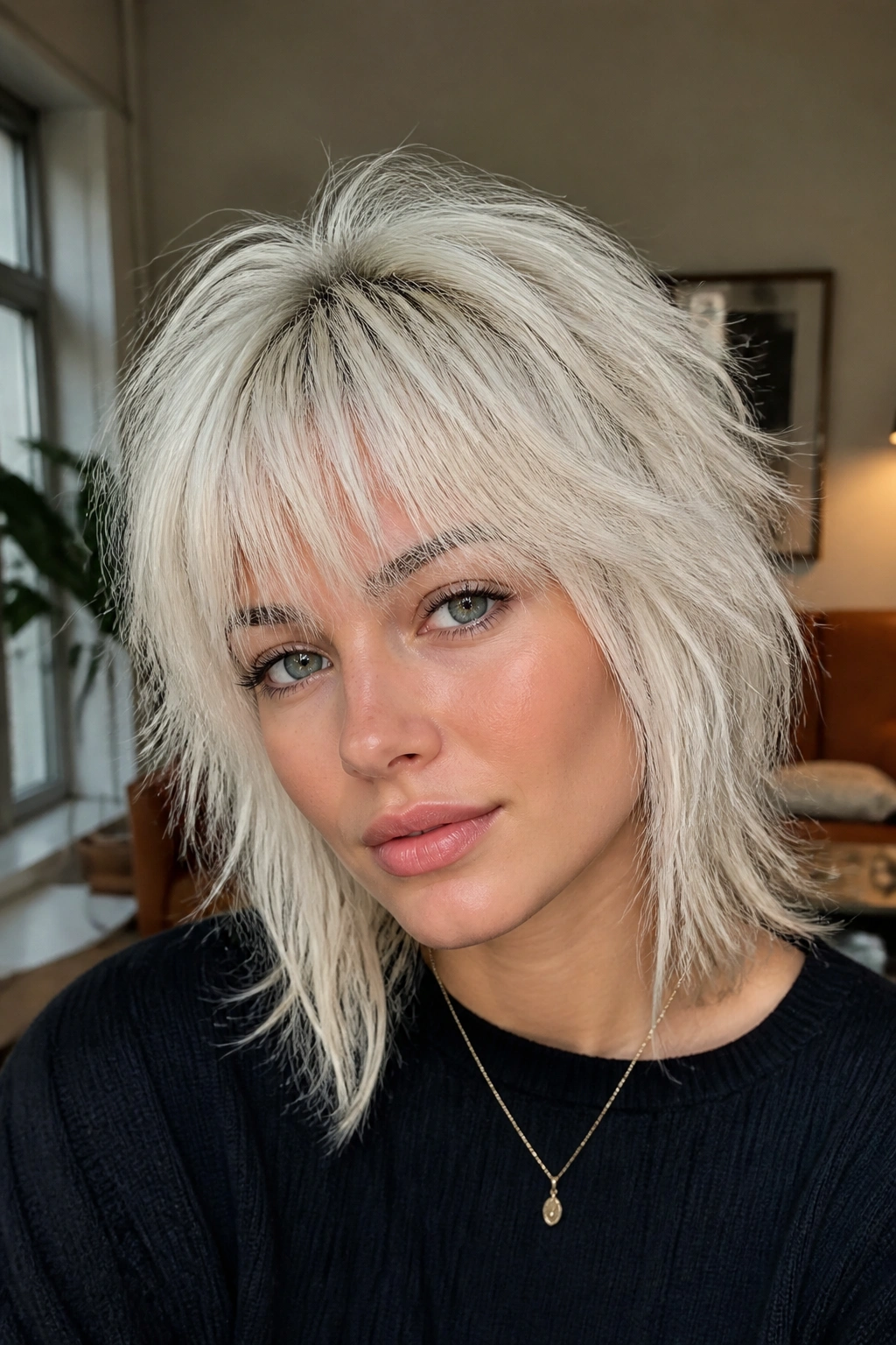 Real person with platinum shag bangs showing built-in texture