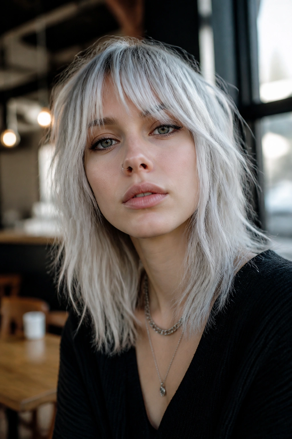 Real person with platinum shag haircut and choppy ends in a cafe setting