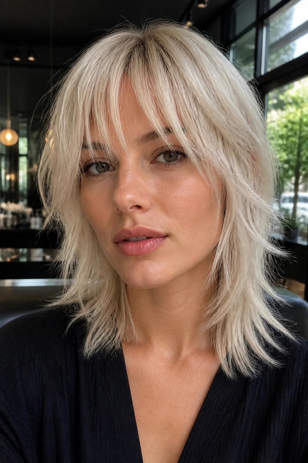 Real woman with platinum shag and airy fringe in an urban setting.