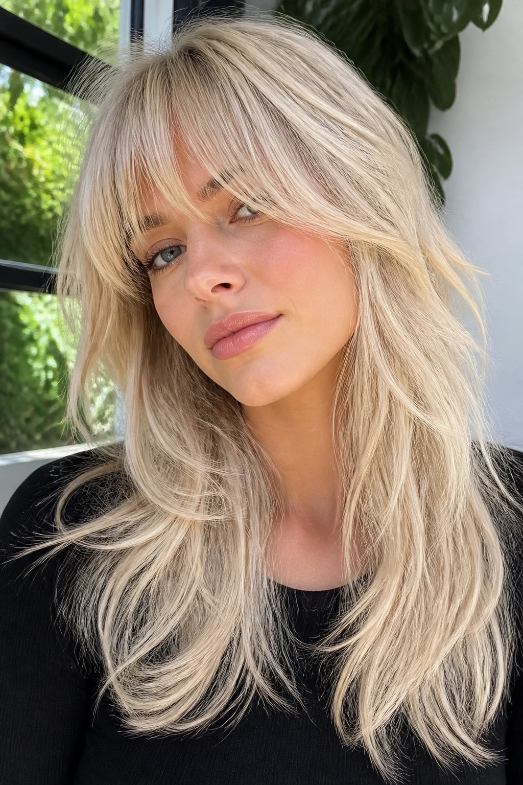 Close-up of a real woman with platinum shag and internal layers in bright room