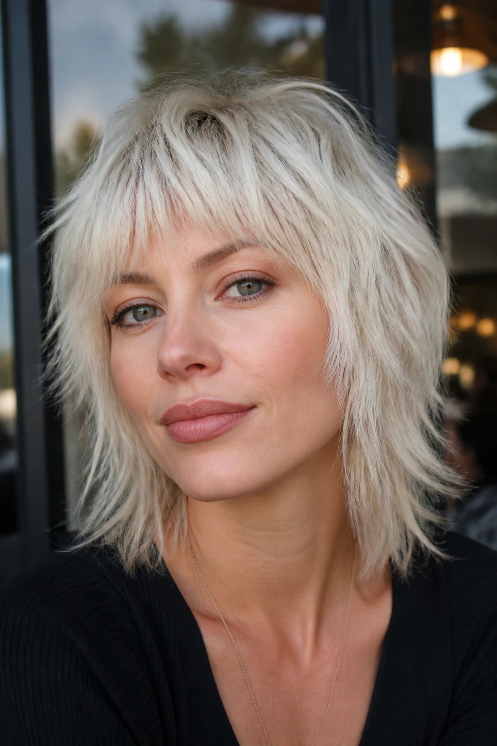 Close-up portrait of a real woman with broken platinum shag and piecey fringe
