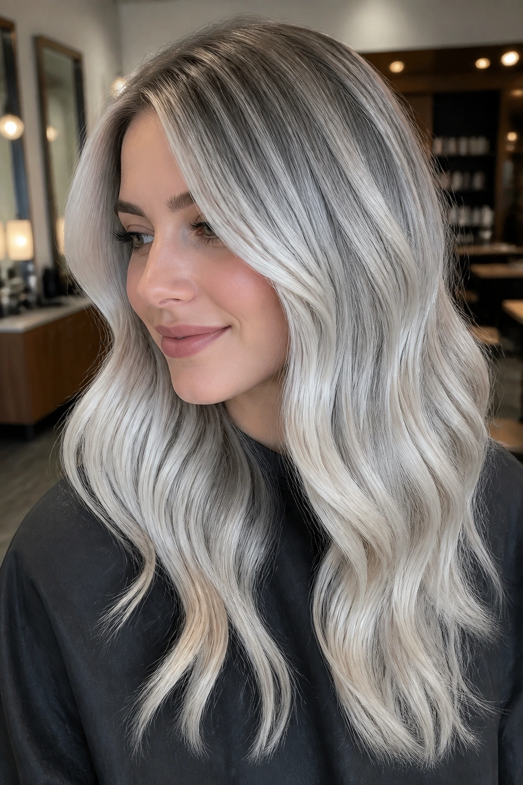 Portrait of a real person with platinum silver balayage ribbons through hair