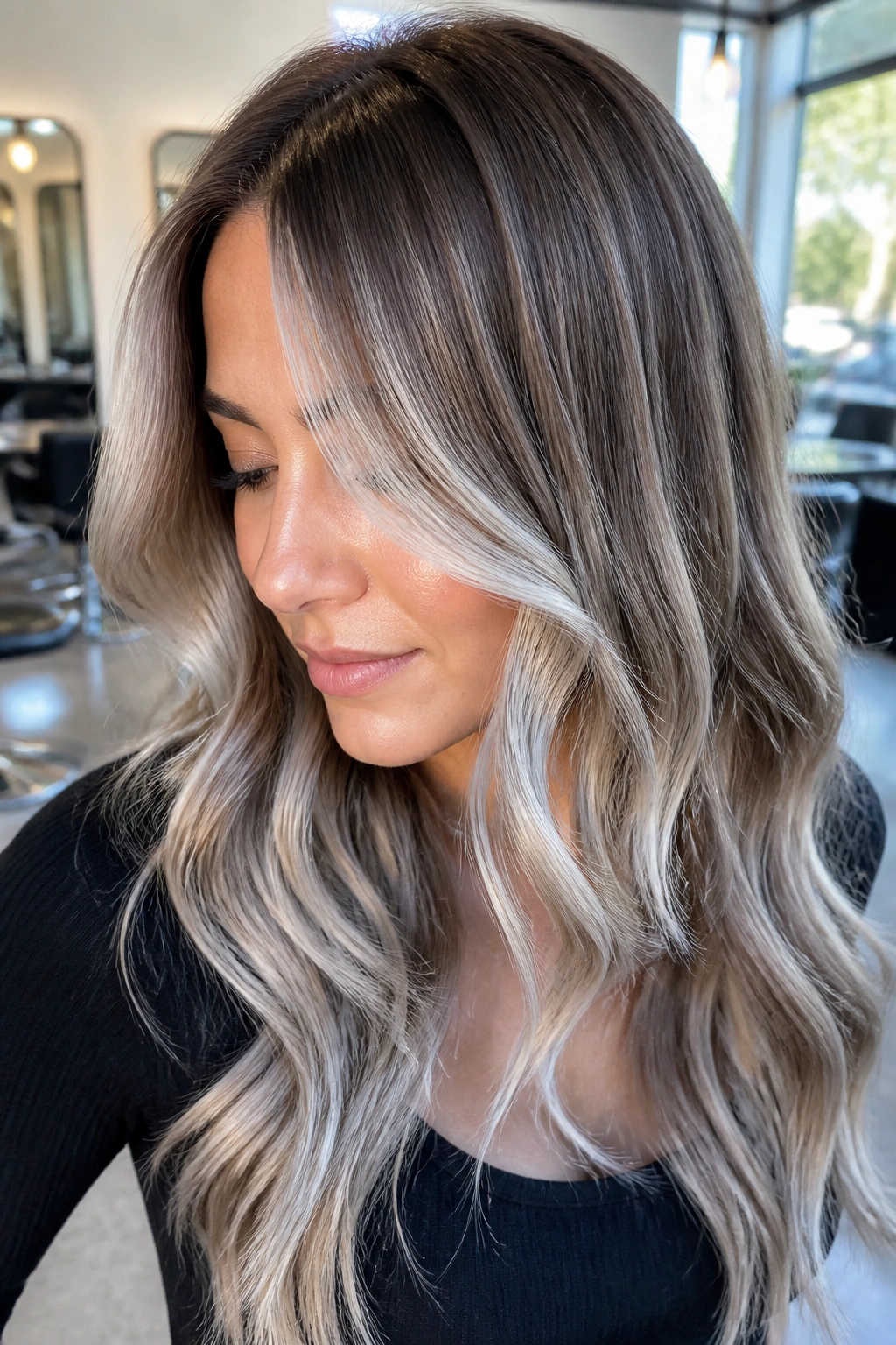 Close-up portrait of a real woman with platinum-silver balayage on medium brown hair framing her face in a sunlit salon.