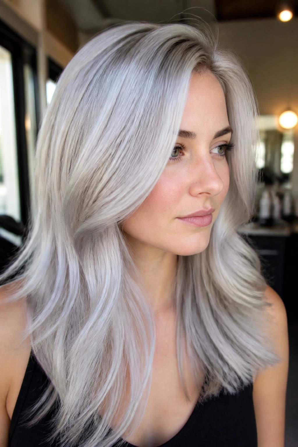 Portrait of a woman with platinum-silver blend hair and cool tones.