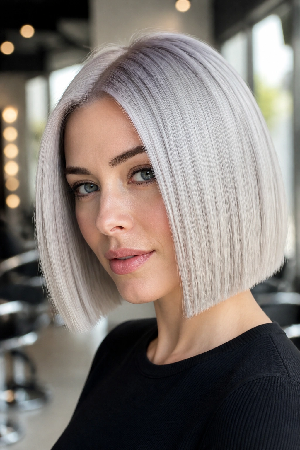 Close-up of a real woman with a platinum silver bob that brightens cool skin tones