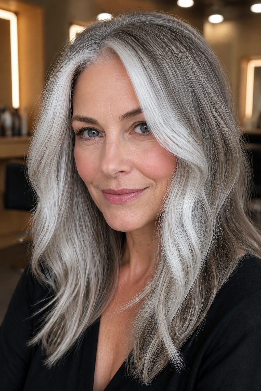 Close-up portrait of a real person with platinum silver face-framing layers around the front hairline.