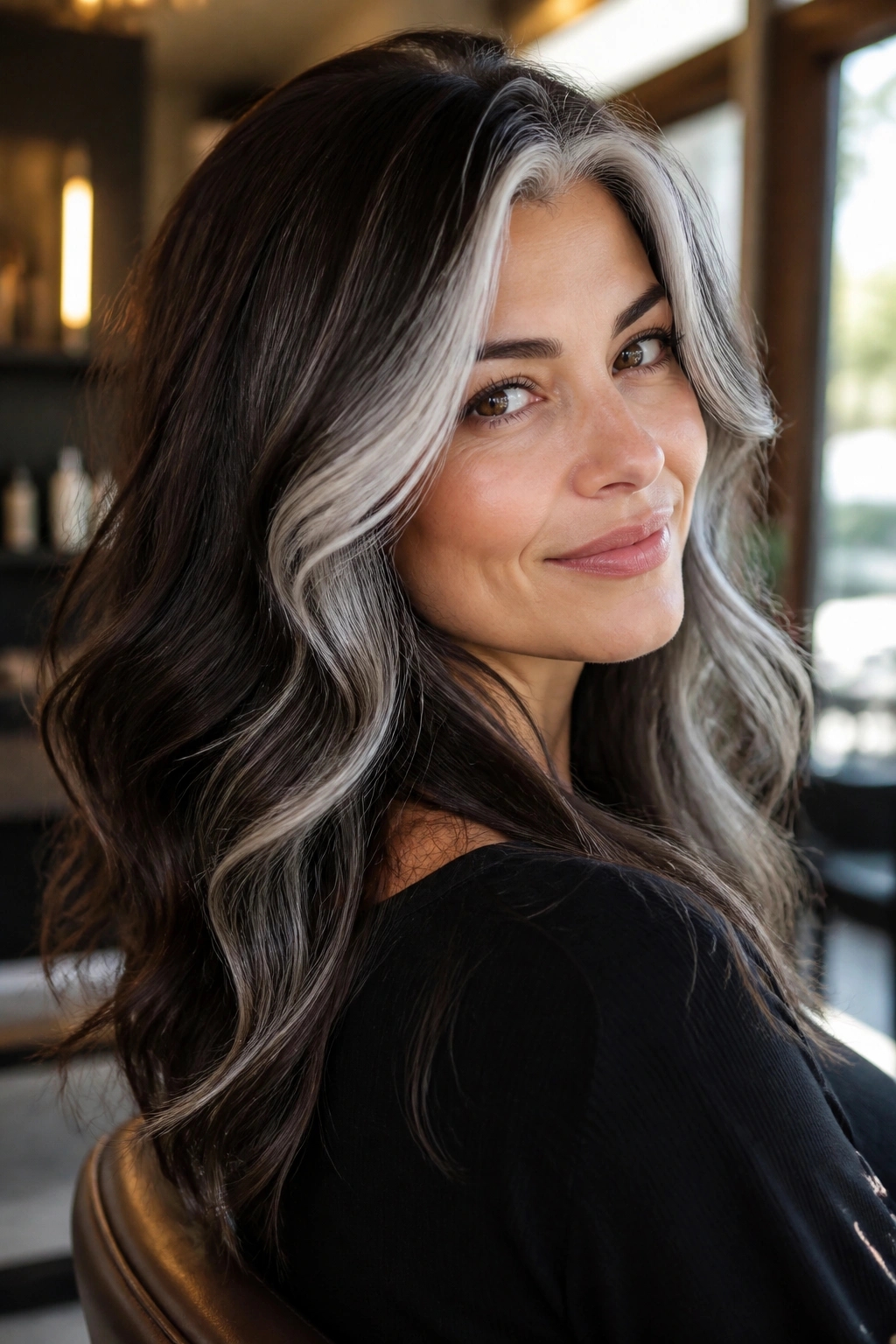 Portrait of a woman with deep brown hair featuring platinum-silver halo around face