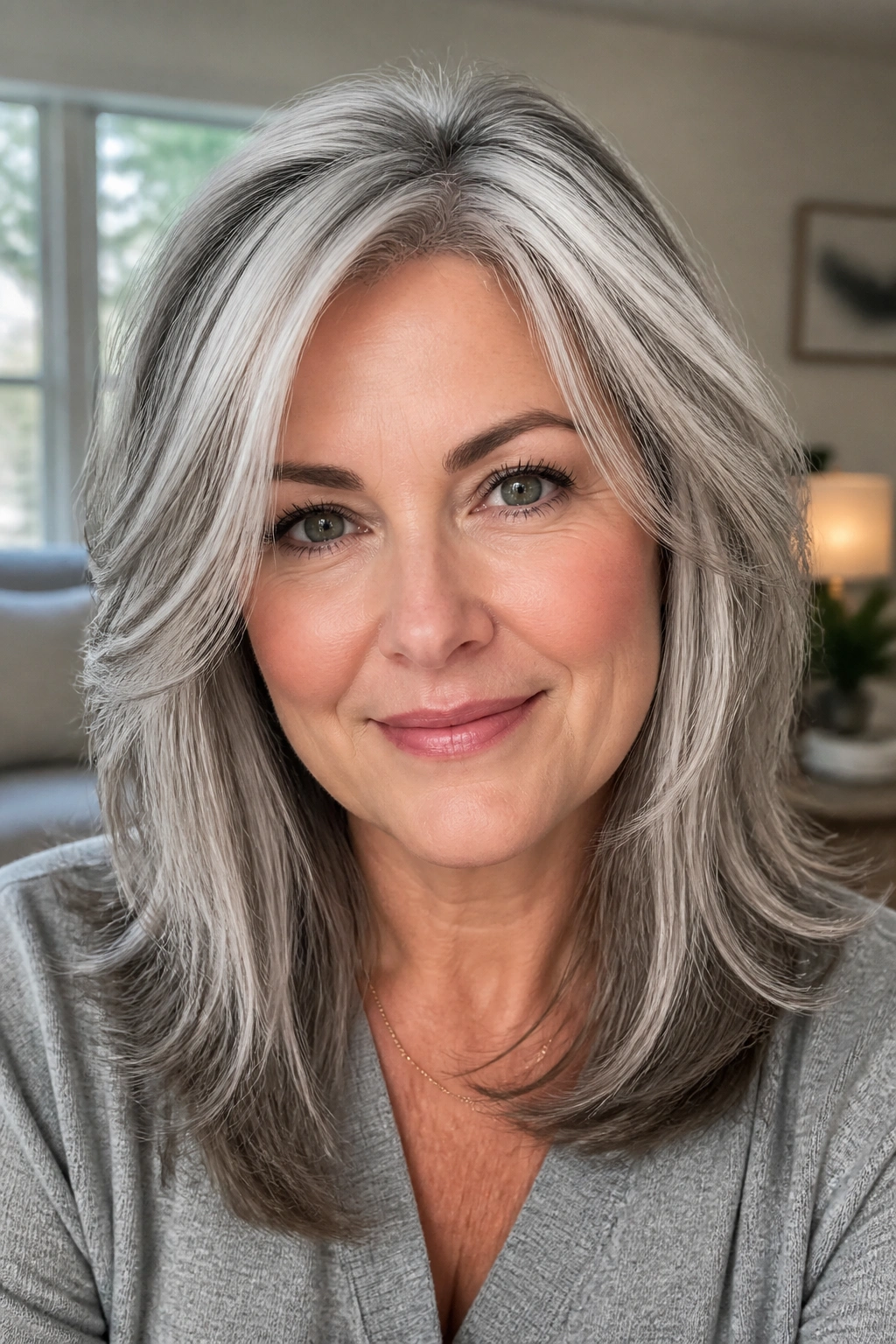 Portrait of a woman with platinum-silver halo highlights around the crown