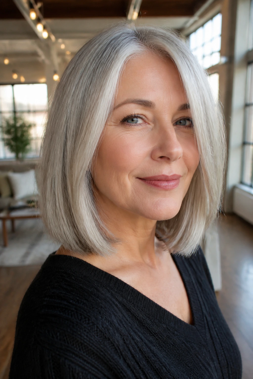 Close-up of a woman with a platinum silver lob hairstyle