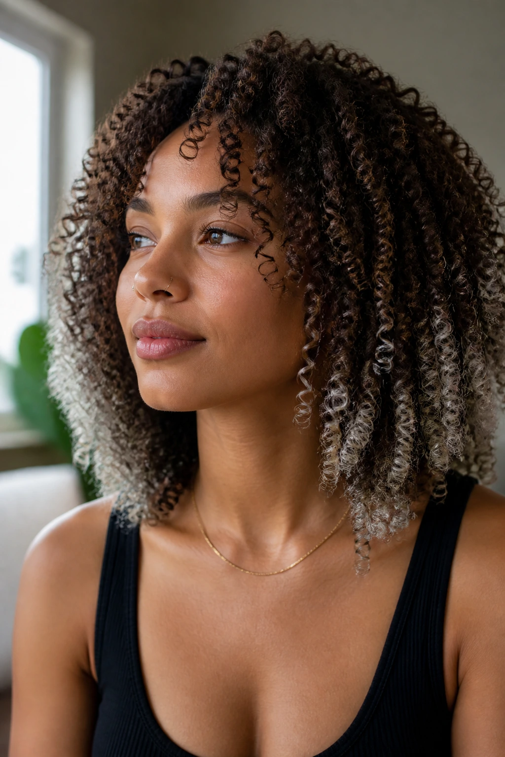 Close-up of coily brown hair with platinum-silver tips on the ends