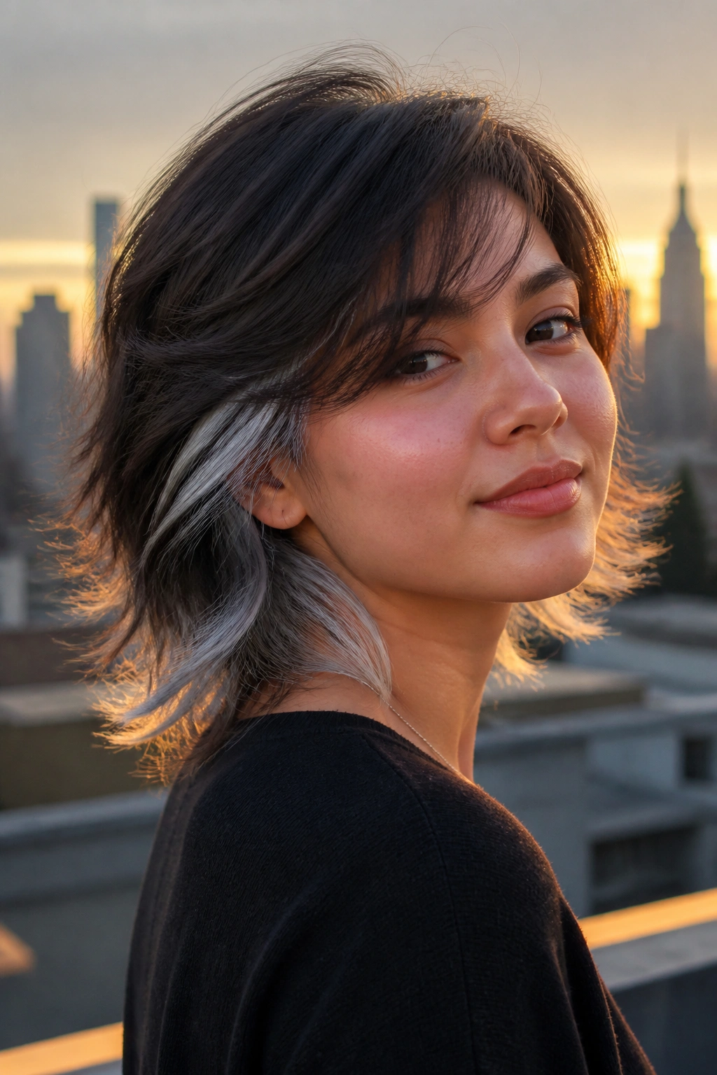 Close-up of real person with platinum silver underlights in layered hair