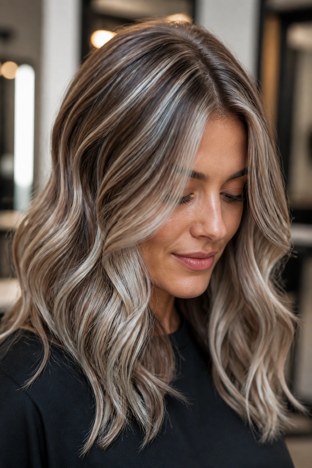 Close-up of platinum-silver weave through medium brown hair