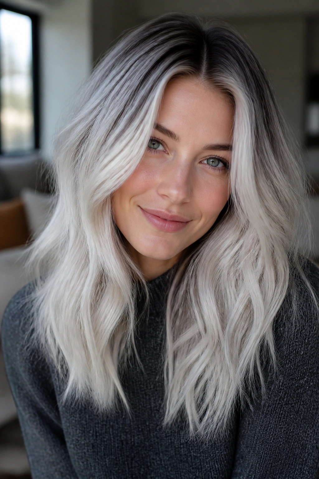 Close-up portrait of a woman with smoky platinum hair showing root melt