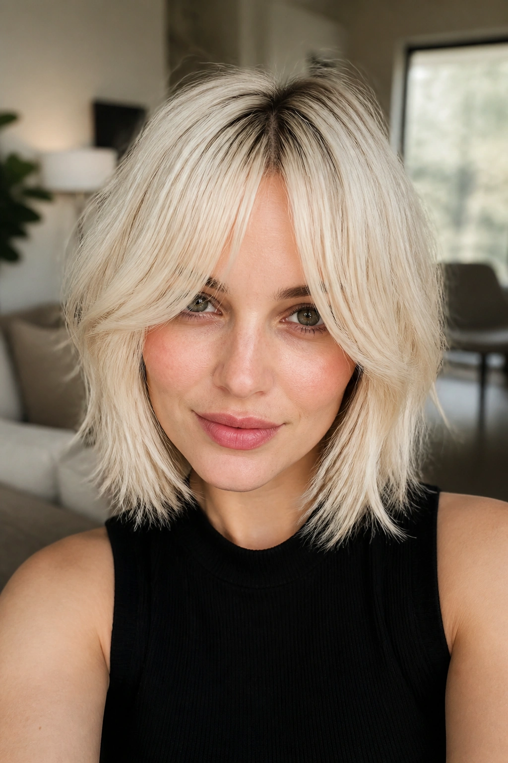 Close-up portrait of a real woman with center-gap platinum split fringe.