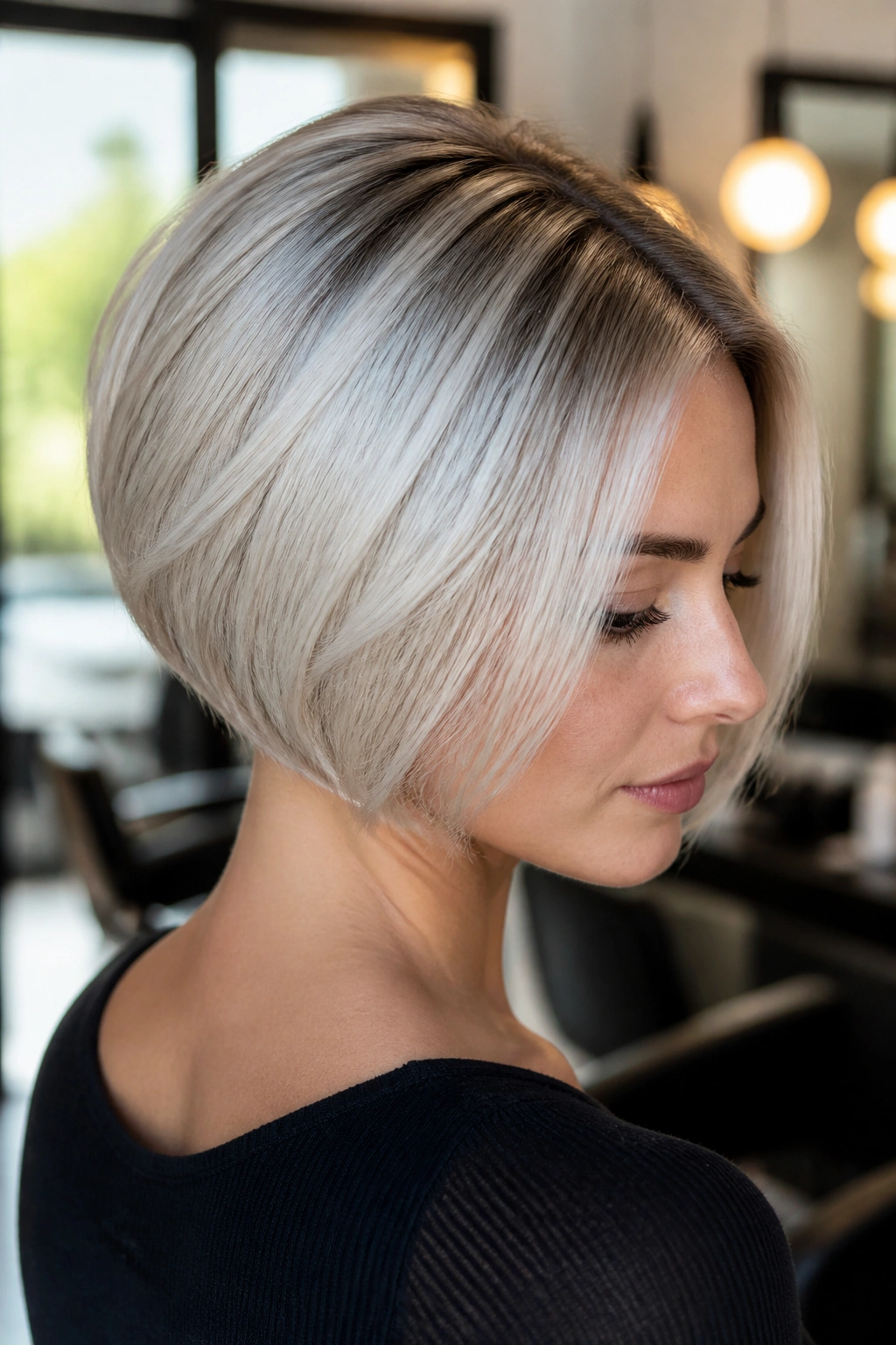 Close-up of a real woman with platinum stacked bob and a soft root shadow for depth.