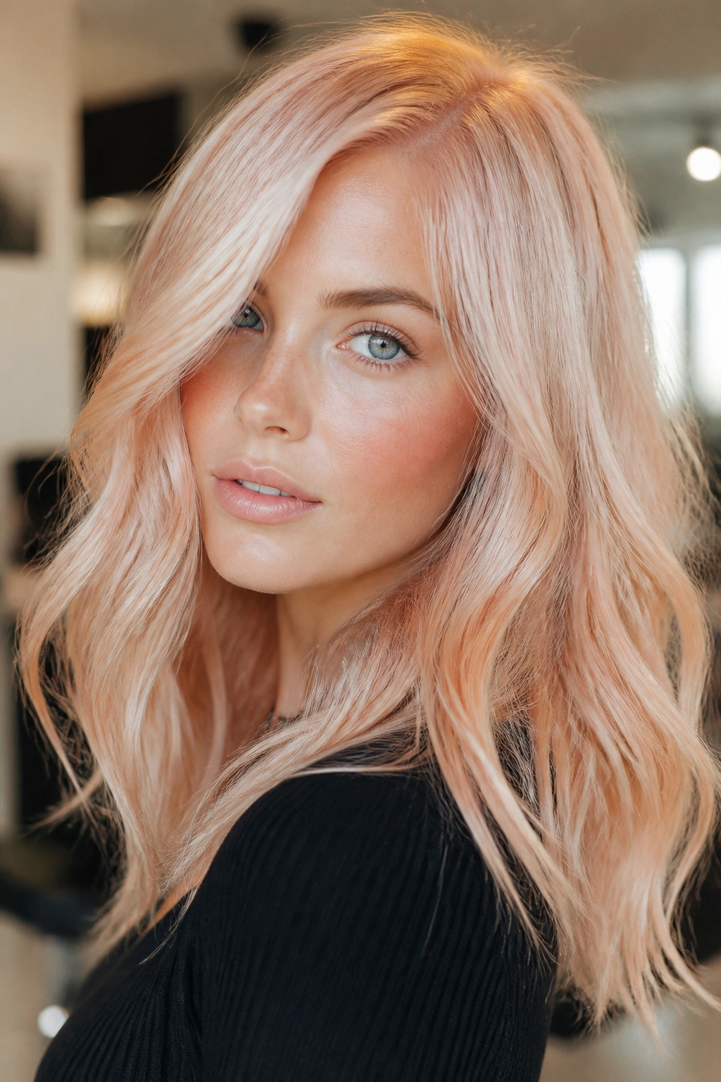 Close-up portrait of a real woman with platinum strawberry blonde and copper veil.