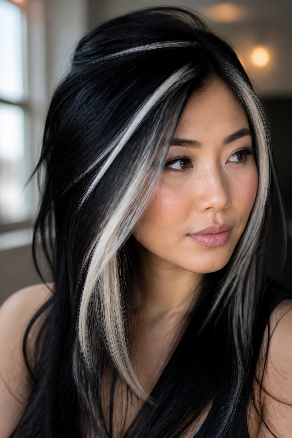 Portrait of a woman with narrow platinum streaks at temples on black hair
