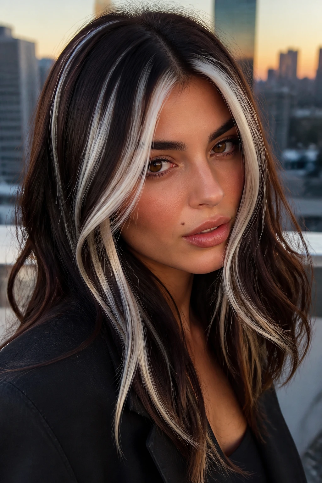 Dark brown hair with bold platinum streaks close-up