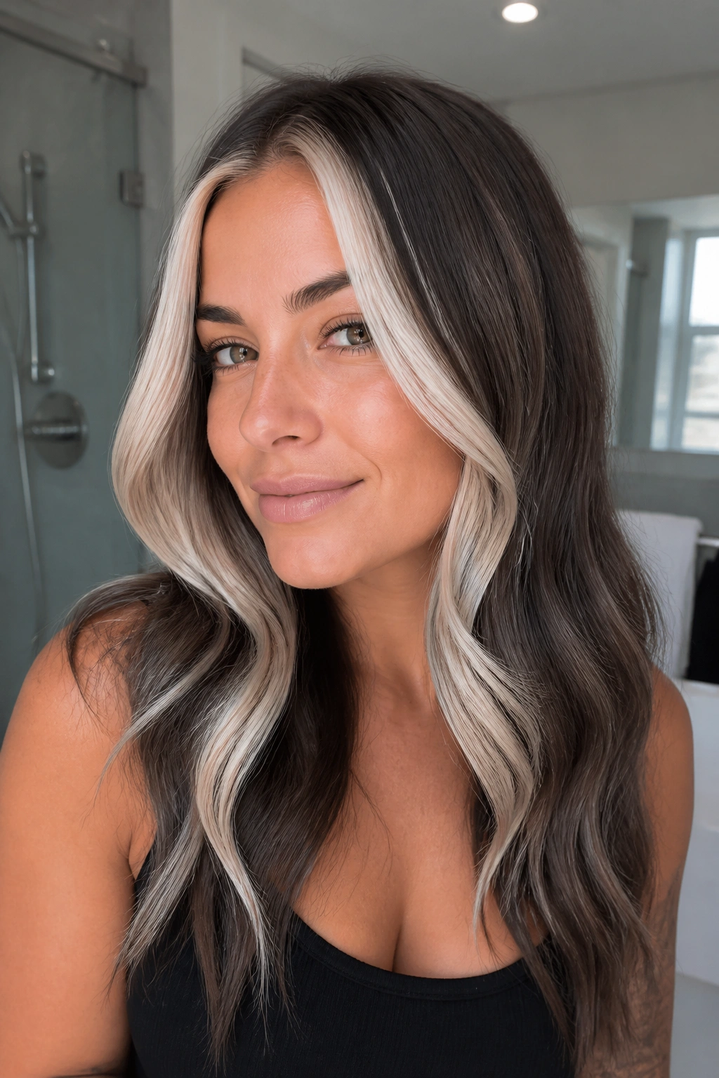 Close-up of a real woman with face-framing platinum streaks and root shadow