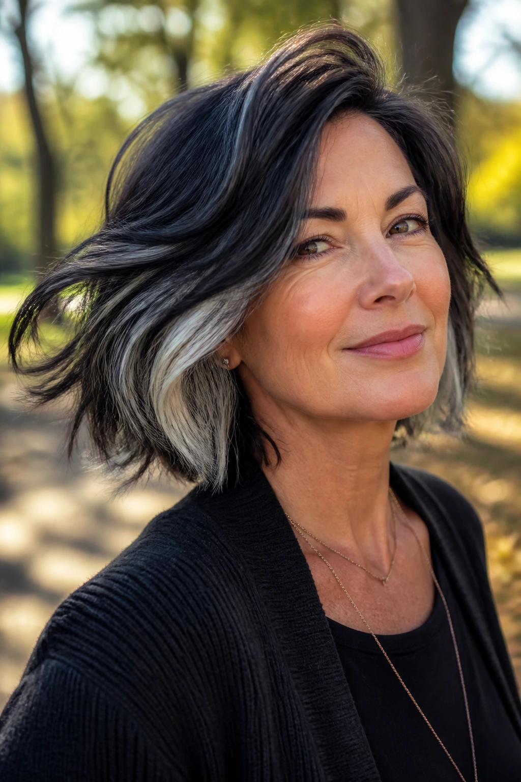 Shoulder-up portrait of real person with platinum streaks under top layer hair