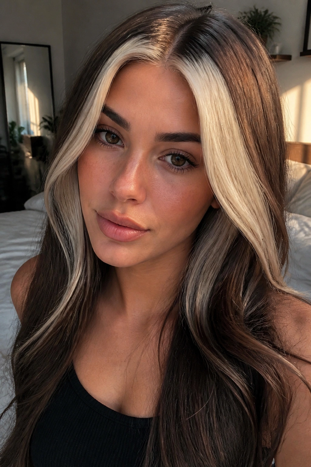 Close-up of a real woman with a platinum blonde stripe on brown hair framing the face