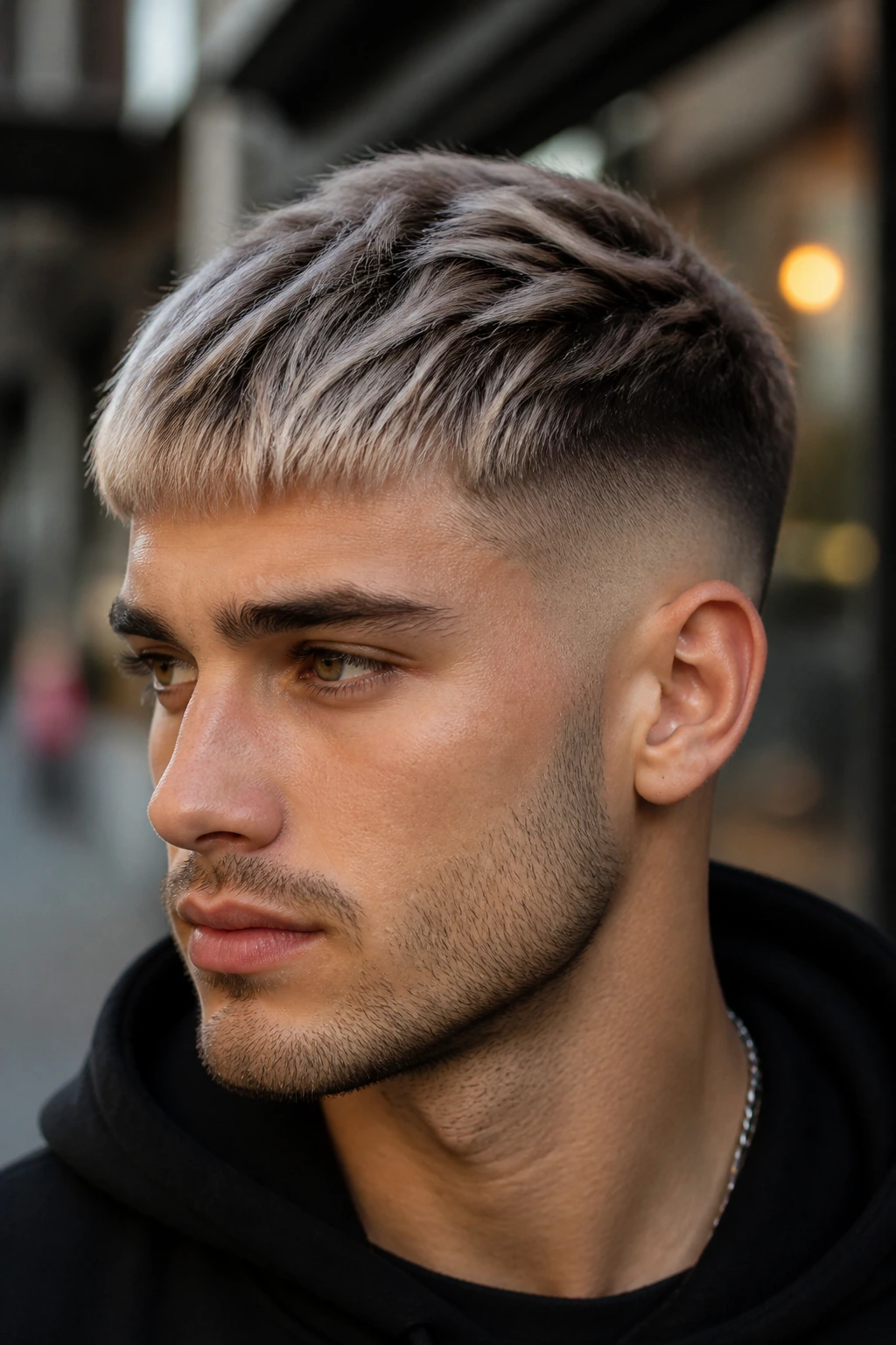 Close-up of a man with platinum-tipped French crop